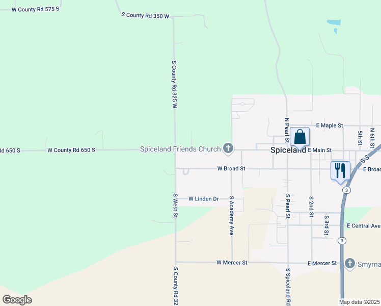 map of restaurants, bars, coffee shops, grocery stores, and more near 509 West Main Street in Spiceland