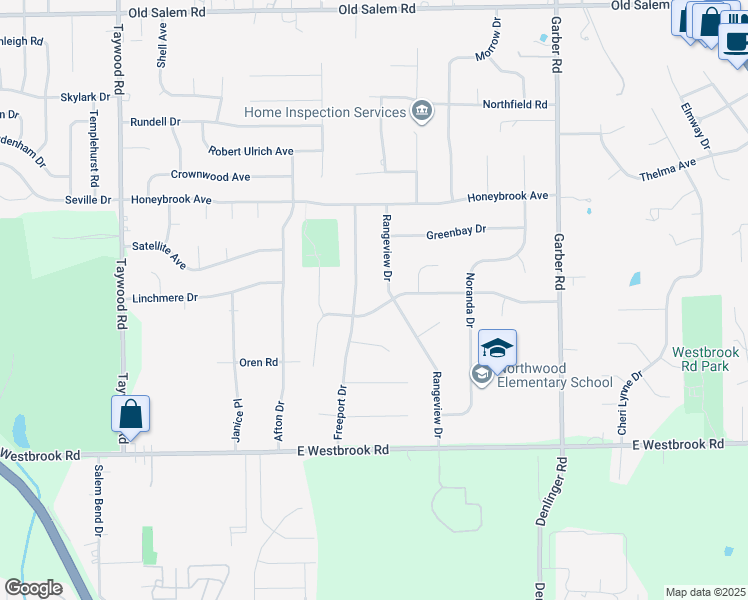 map of restaurants, bars, coffee shops, grocery stores, and more near 6426 Freeport Drive in Dayton