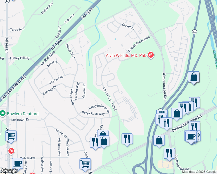 map of restaurants, bars, coffee shops, grocery stores, and more near 203 Chancellor Drive in Deptford Township
