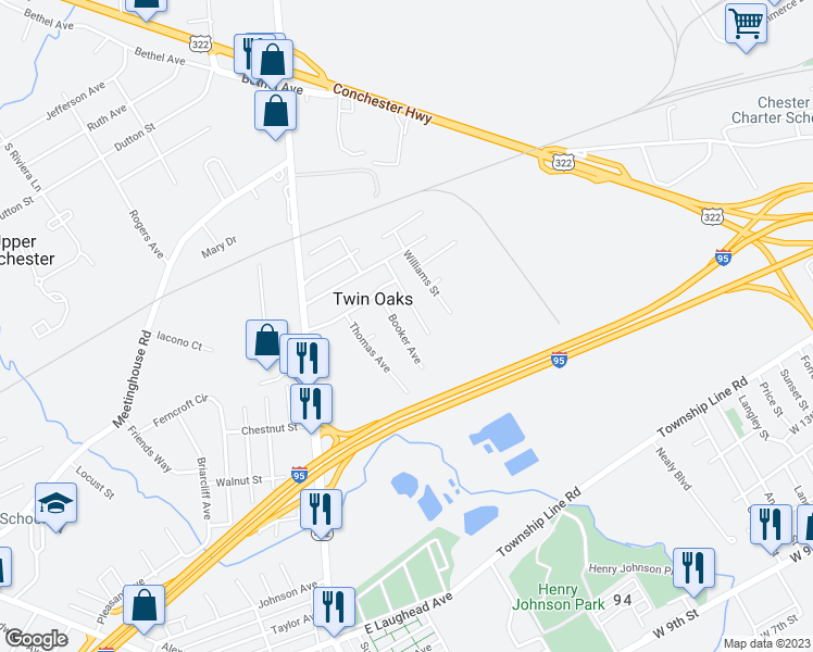map of restaurants, bars, coffee shops, grocery stores, and more near 2367 Booker Avenue in Upper Chichester