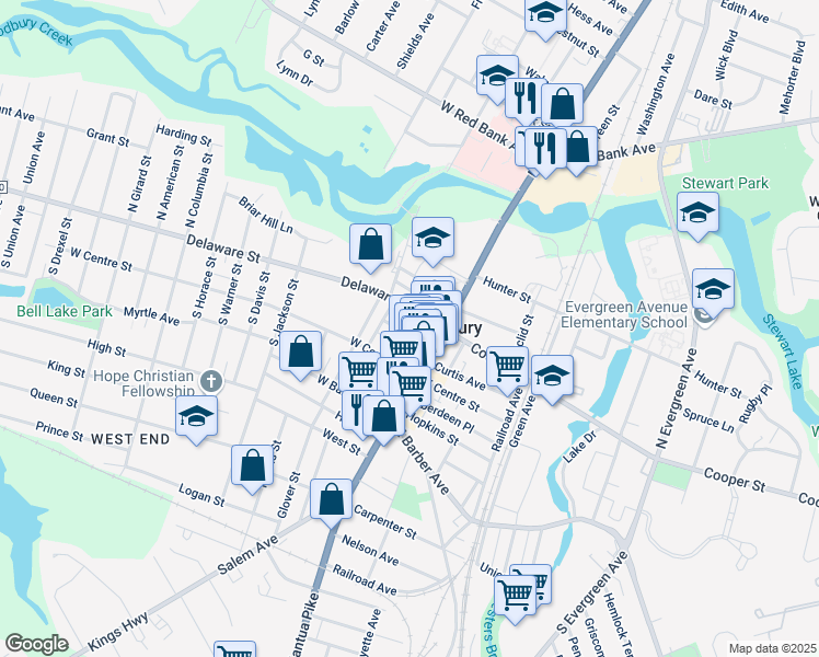 map of restaurants, bars, coffee shops, grocery stores, and more near 33 Delaware Street in Woodbury