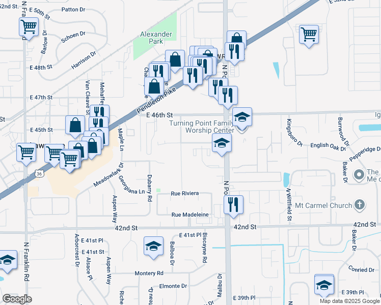 map of restaurants, bars, coffee shops, grocery stores, and more near 4444 Duxbury Lane in Indianapolis