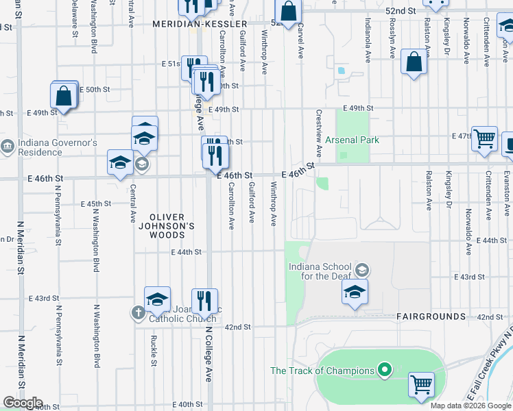 map of restaurants, bars, coffee shops, grocery stores, and more near 4525 Guilford Avenue in Indianapolis