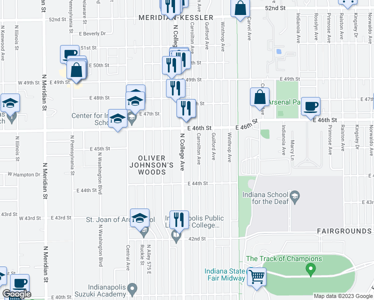 map of restaurants, bars, coffee shops, grocery stores, and more near 4529 North College Avenue in Indianapolis