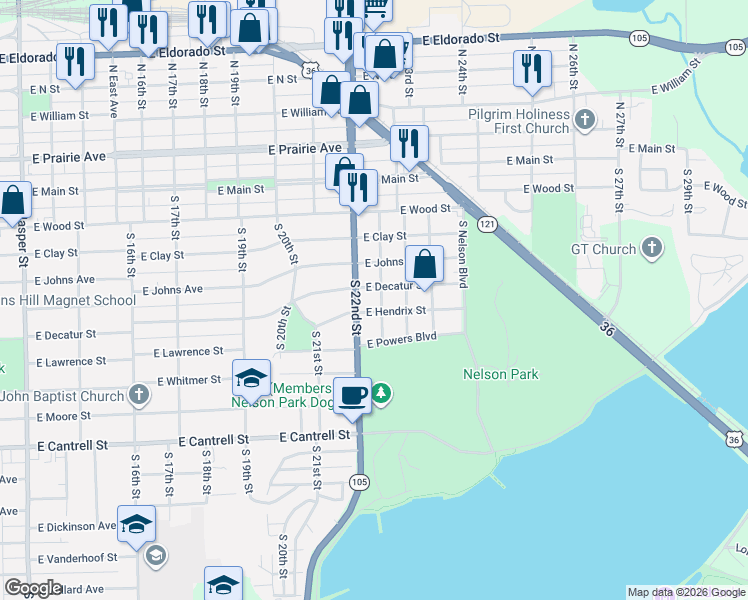 map of restaurants, bars, coffee shops, grocery stores, and more near 500-534 S 22nd St in Decatur