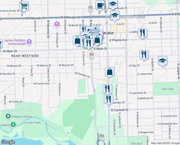 map of restaurants, bars, coffee shops, grocery stores, and more near 363 South Main Street in Decatur