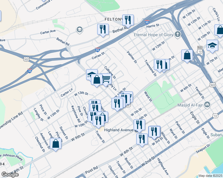map of restaurants, bars, coffee shops, grocery stores, and more near 1102 Beverly Lane in Chester