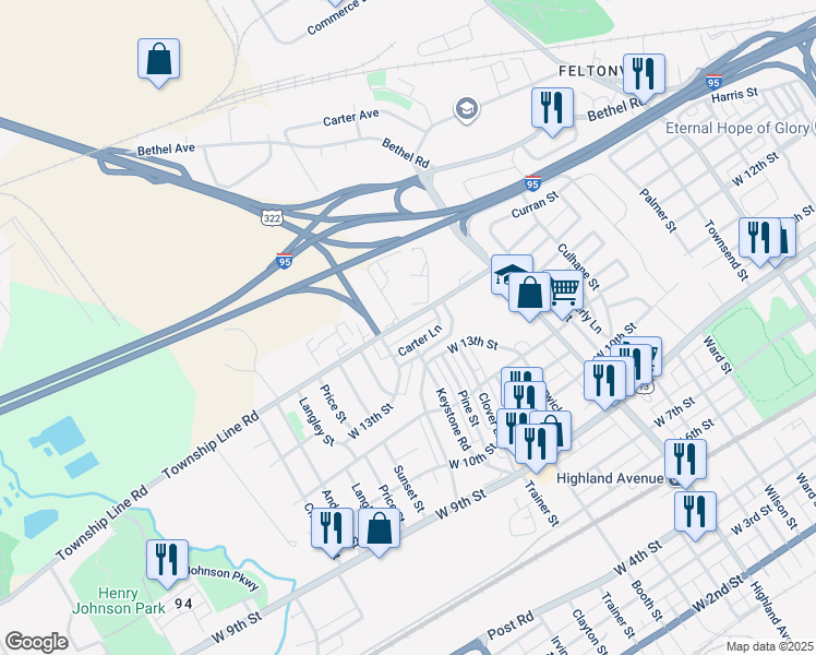 map of restaurants, bars, coffee shops, grocery stores, and more near 3337 Township Line Road in Chester