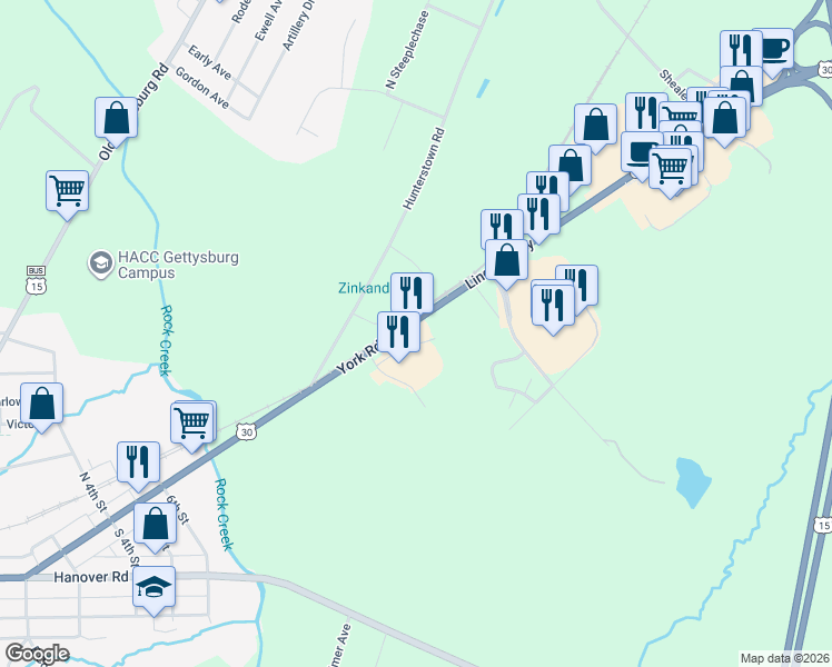 map of restaurants, bars, coffee shops, grocery stores, and more near 915 Lincoln Highway in Gettysburg