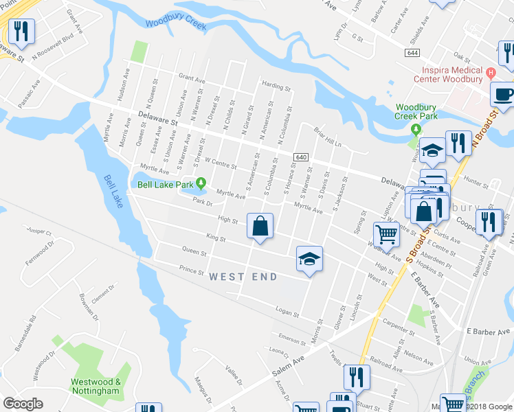 map of restaurants, bars, coffee shops, grocery stores, and more near 211 South Columbia Street in Woodbury