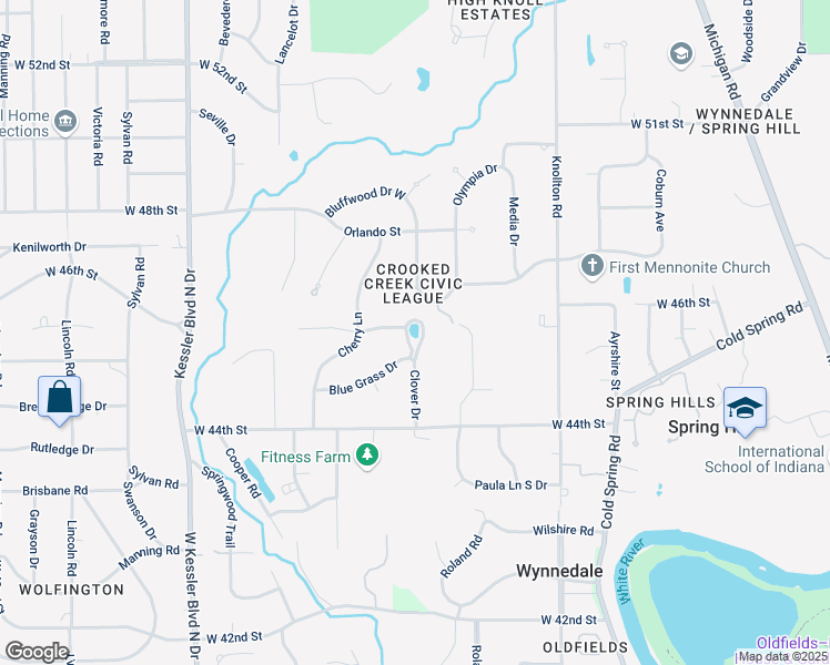 map of restaurants, bars, coffee shops, grocery stores, and more near 2505 Will Crest Drive in Indianapolis