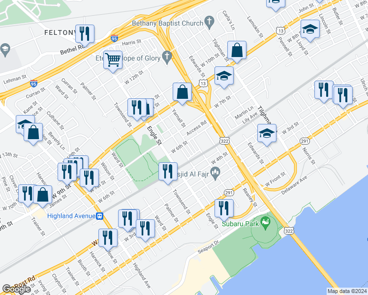 map of restaurants, bars, coffee shops, grocery stores, and more near 461 Jeffrey Street in Chester