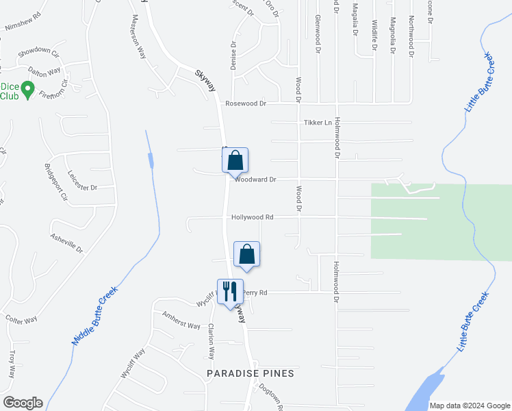 map of restaurants, bars, coffee shops, grocery stores, and more near 6443 Hollywood Road in Magalia