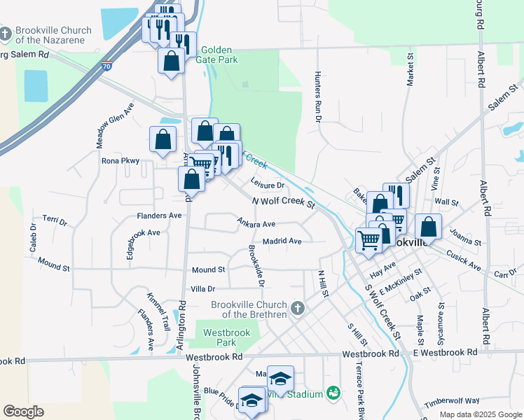 map of restaurants, bars, coffee shops, grocery stores, and more near 365 North Wolf Creek Street in Brookville