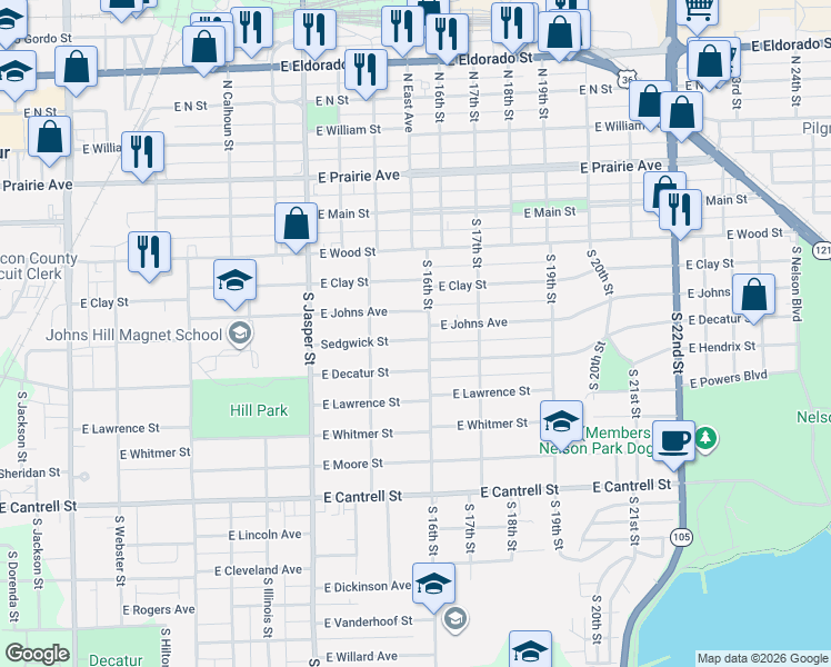 map of restaurants, bars, coffee shops, grocery stores, and more near 1401-1599 E Johns Ave in Decatur