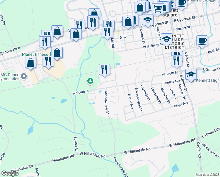 map of restaurants, bars, coffee shops, grocery stores, and more near in Kennett Square