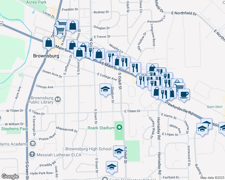 map of restaurants, bars, coffee shops, grocery stores, and more near 340 Stadium Drive in Brownsburg