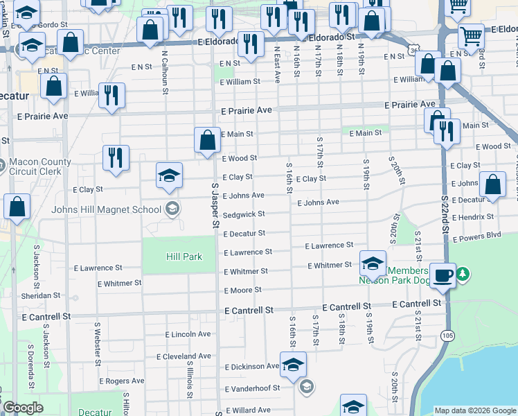 map of restaurants, bars, coffee shops, grocery stores, and more near 407 South Stone Street in Decatur