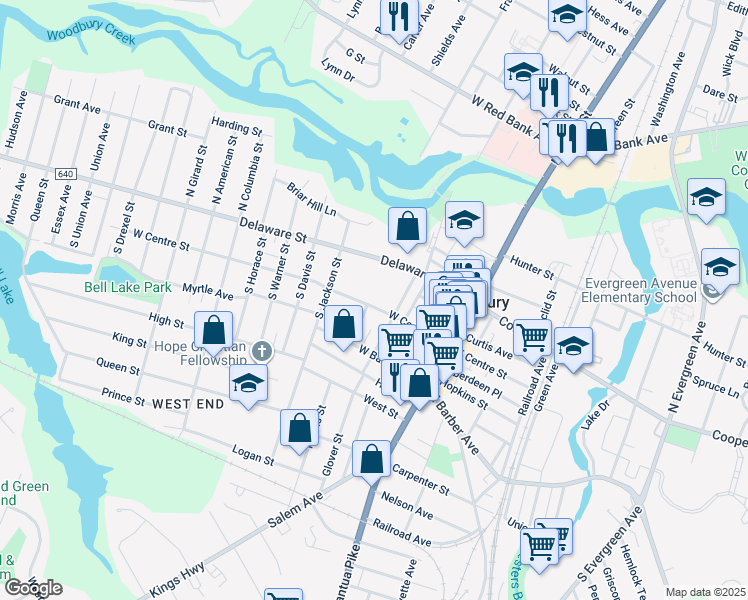 map of restaurants, bars, coffee shops, grocery stores, and more near 128 West Centre Street in Woodbury