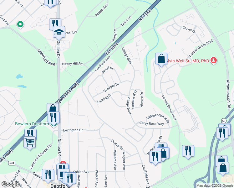 map of restaurants, bars, coffee shops, grocery stores, and more near 109 Landing Drive in Deptford