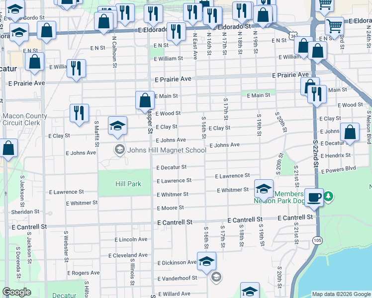 map of restaurants, bars, coffee shops, grocery stores, and more near 407 South Stone Street in Decatur