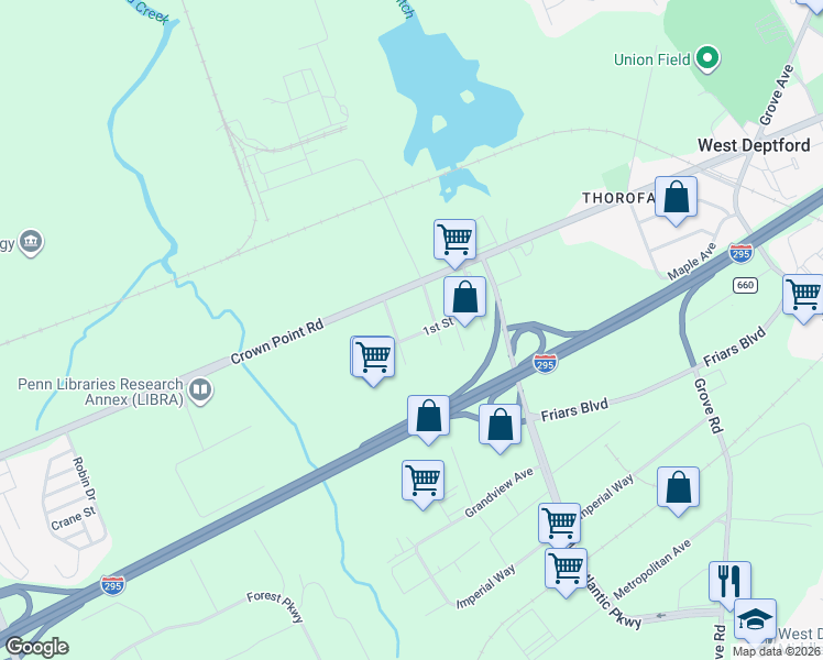 map of restaurants, bars, coffee shops, grocery stores, and more near 12 1st Street in West Deptford