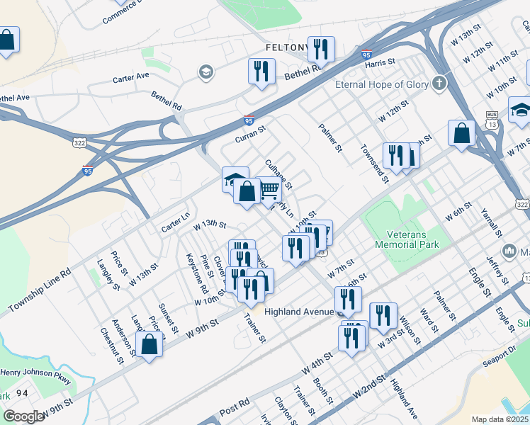 map of restaurants, bars, coffee shops, grocery stores, and more near 1201 Highland Avenue in Chester