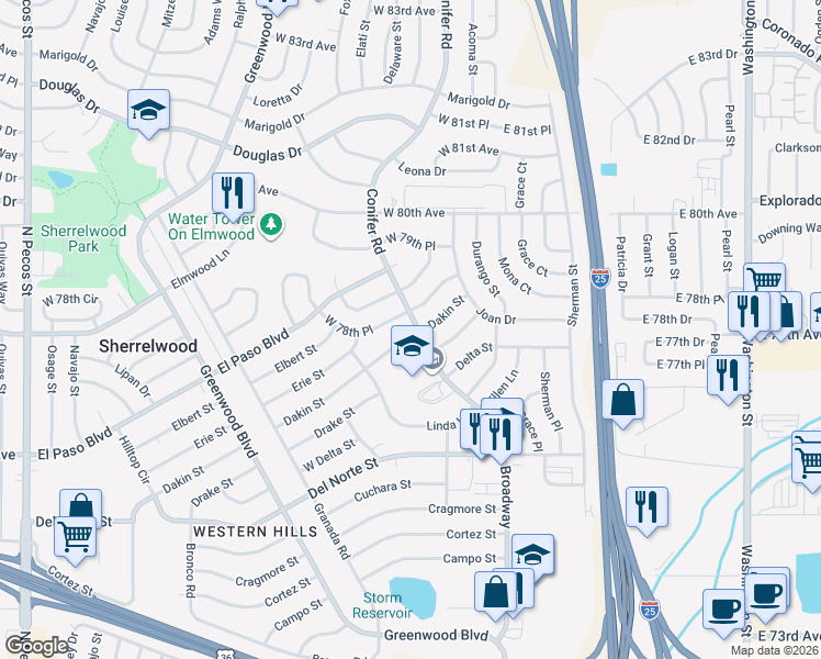 map of restaurants, bars, coffee shops, grocery stores, and more near in Sherrelwood