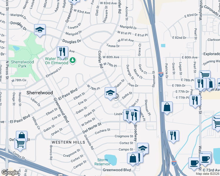 map of restaurants, bars, coffee shops, grocery stores, and more near in Sherrelwood