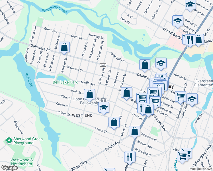 map of restaurants, bars, coffee shops, grocery stores, and more near 127 South Warner Street in Woodbury