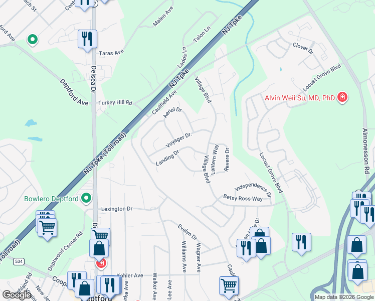 map of restaurants, bars, coffee shops, grocery stores, and more near 109 Landing Drive in Deptford