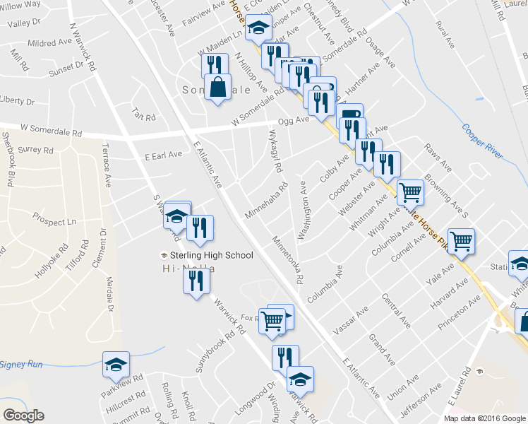 map of restaurants, bars, coffee shops, grocery stores, and more near 38 Minnehaha Road in Somerdale