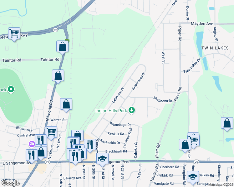 map of restaurants, bars, coffee shops, grocery stores, and more near 2601 Delaware Drive in Springfield