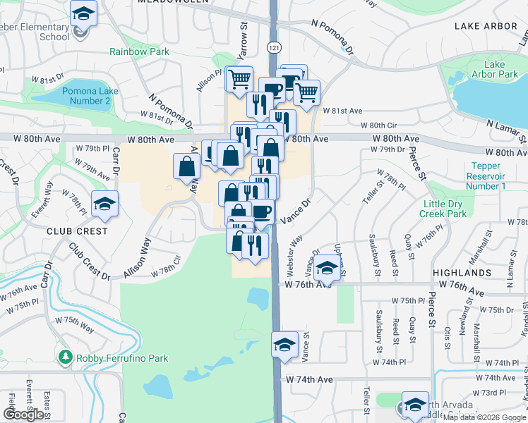 map of restaurants, bars, coffee shops, grocery stores, and more near 7785 Wadsworth Boulevard in Arvada