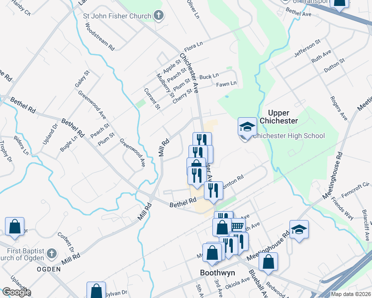 map of restaurants, bars, coffee shops, grocery stores, and more near 218 Jacqueline Drive in Boothwyn