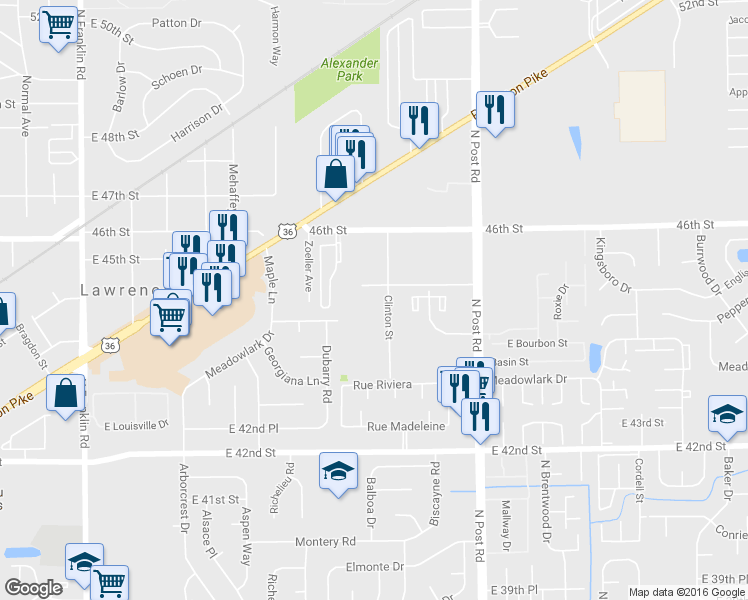 map of restaurants, bars, coffee shops, grocery stores, and more near 4430 Clinton St in Lawrence