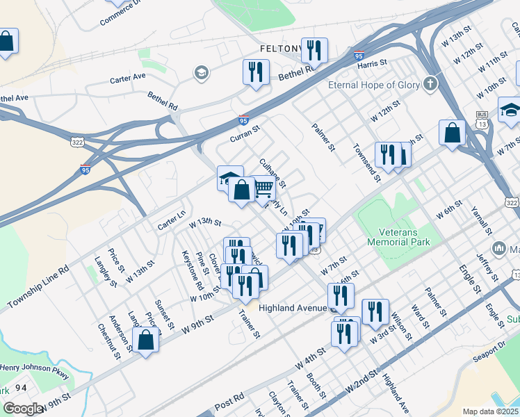 map of restaurants, bars, coffee shops, grocery stores, and more near 1201 Highland Avenue in Chester