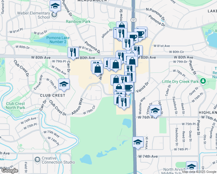 map of restaurants, bars, coffee shops, grocery stores, and more near 7720 Allison Street in Arvada