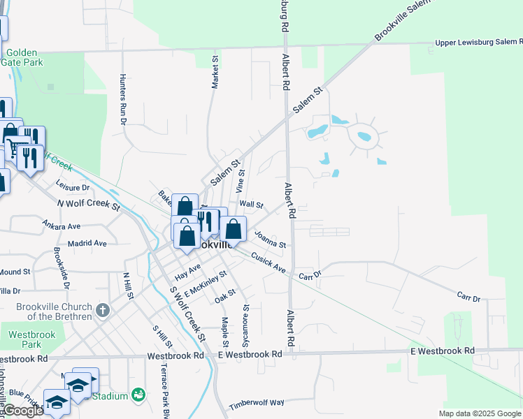 map of restaurants, bars, coffee shops, grocery stores, and more near 150 Wall Street in Brookville