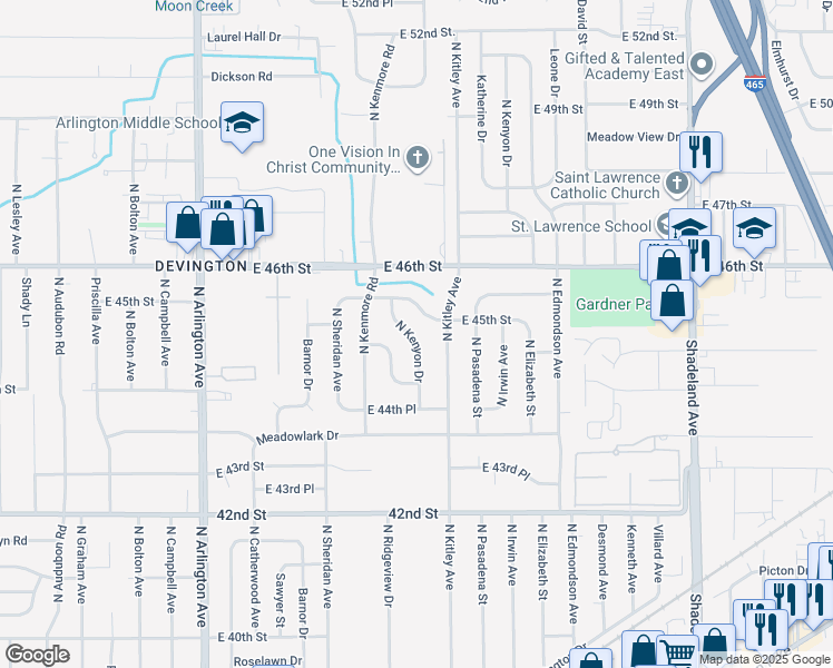 map of restaurants, bars, coffee shops, grocery stores, and more near 4449 North Kenyon Drive in Indianapolis