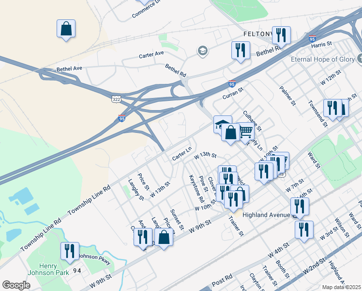 map of restaurants, bars, coffee shops, grocery stores, and more near 3325 Township Line Road in Chester