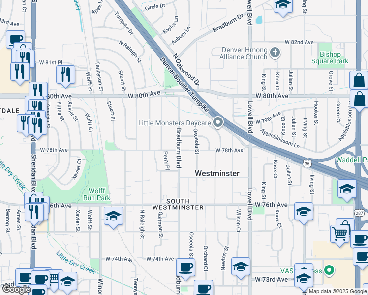 map of restaurants, bars, coffee shops, grocery stores, and more near 7820 Bradburn Boulevard in Westminster