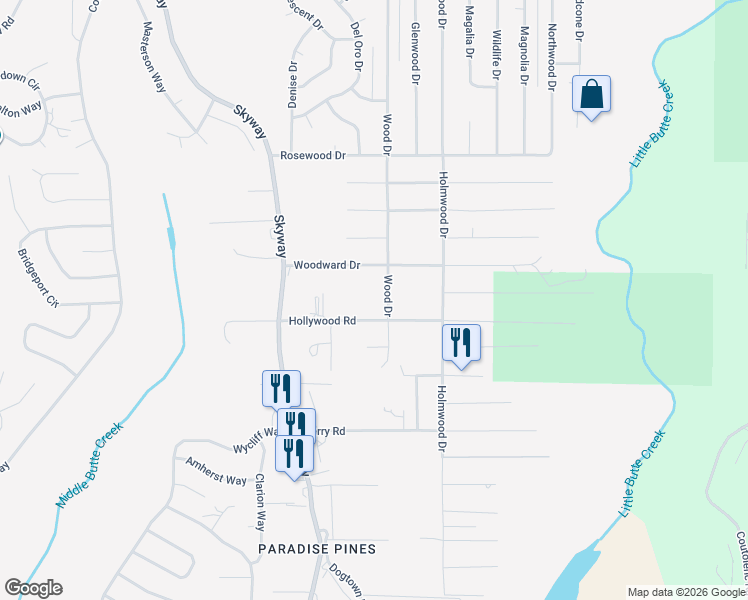 map of restaurants, bars, coffee shops, grocery stores, and more near 6488 Boulder Drive in Magalia