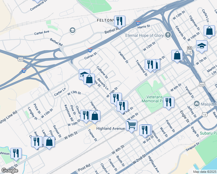 map of restaurants, bars, coffee shops, grocery stores, and more near 1104 Culhane Street in Chester