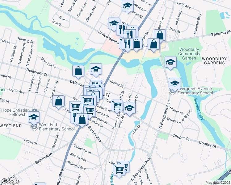 map of restaurants, bars, coffee shops, grocery stores, and more near 30 Newton Avenue in Woodbury