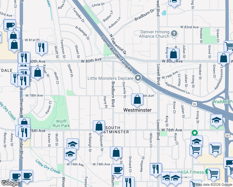 map of restaurants, bars, coffee shops, grocery stores, and more near 7820 Bradburn Boulevard in Westminster