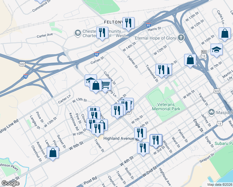 map of restaurants, bars, coffee shops, grocery stores, and more near 1104 Culhane Street in Chester