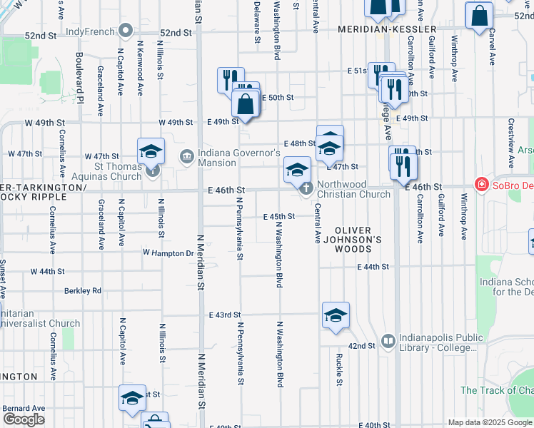 map of restaurants, bars, coffee shops, grocery stores, and more near 4506 North Washington Boulevard in Indianapolis