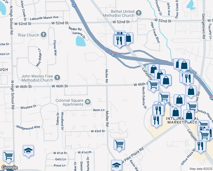 map of restaurants, bars, coffee shops, grocery stores, and more near 5460 West 46th Street in Indianapolis