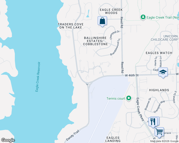map of restaurants, bars, coffee shops, grocery stores, and more near 4660 Framington Court in Indianapolis